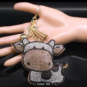 🆕️🐮 RHINESTONE PADDED COW BAG CHARM KEY RING 🐮